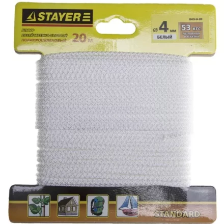 Шнур STAYER &quot;STANDARD&quot; хозяйственно-бытовой, полипропиленовый, вязанный, без сердечника, белый, d 4, 20м 50420-04-020 купить в Ижевске