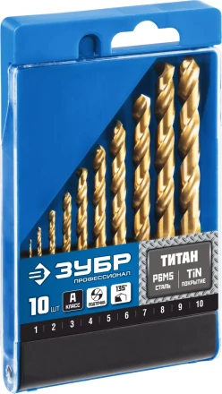 ЗУБР ТИТАН, 10 шт, (1-10 мм), сталь Р6М5, класс А, титановое покрытие, набор сверл по металлу, Профессионал (29615-H10) купить в Ижевске