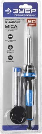 Паяльник ЗУБР &quot;ПРОФЕССИОНАЛ&quot; с двухкомпонентной рукояткой и защитным колпачком в наборе с припоем и подставкой, 60Вт, конус 55402-60_z01 купить в Ижевске