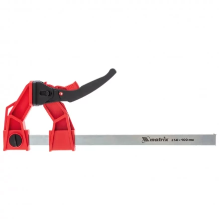 Струбцина реечная быстрозажимная усиленная пластиковый корпус рычажно-храповой механизм 250 х 100 х 401 мм штанга 5 х 22 мм Matrix 20727 купить в Ижевске