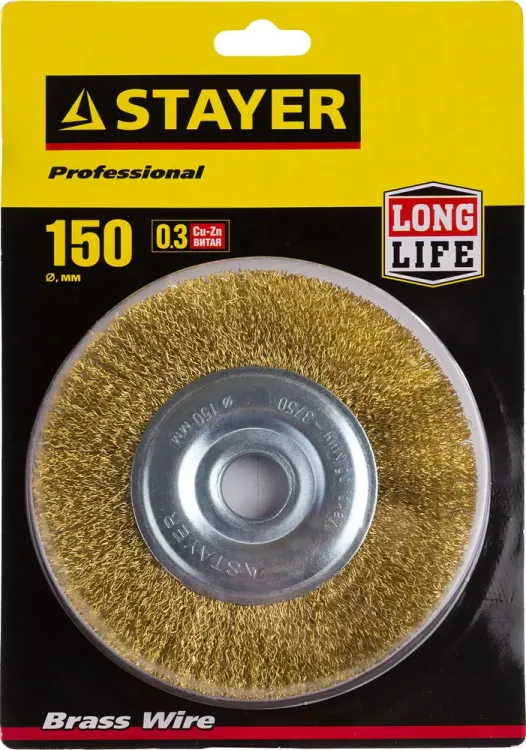 STAYER "PROFESSIONAL". Щетка дисковая для УШМ, витая стальная латунированная проволока 0,3мм, 150ммх22мм 35122-150 купить в Ижевске