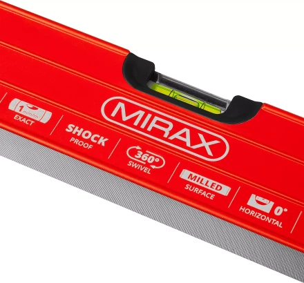 Уровень коробчатый усиленный MIRAX, фрезерованная поверхность, утолщенный профиль, 3 противоударных ампулы (1 поворотная на 360 град), с ручками, 80 см 34603-080 купить в Ижевске