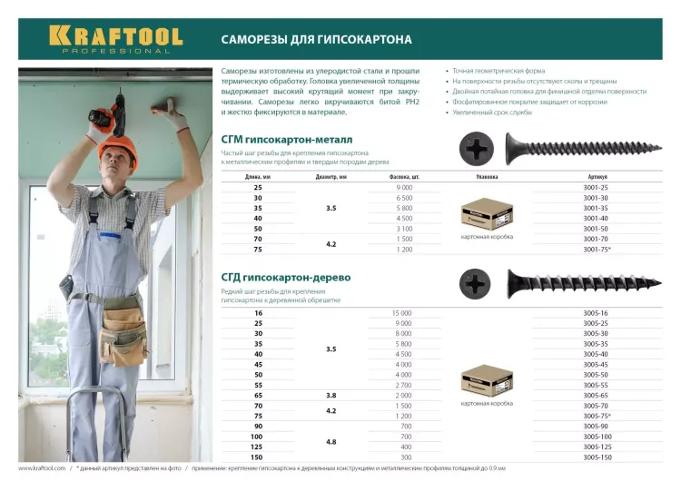 Саморезы СГМ гипсокартон-металл, 40 х 3.5 мм, 4 500 шт, фосфатированные, KRAFTOOL 3001-40 купить в Ижевске