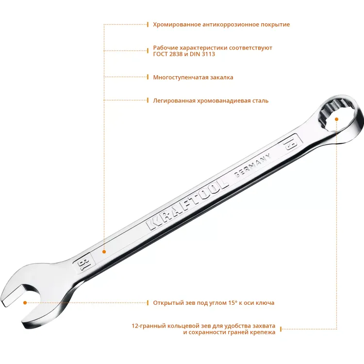 Ключи комбинированные KRAFTOOL, Cr-V, DIN 3113 27079-19 купить в Ижевске