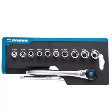 Набор торцевых головок трещотка 120 зубьев 12 предметов 1/4&quot; CrV Gross 14141 купить в Ижевске