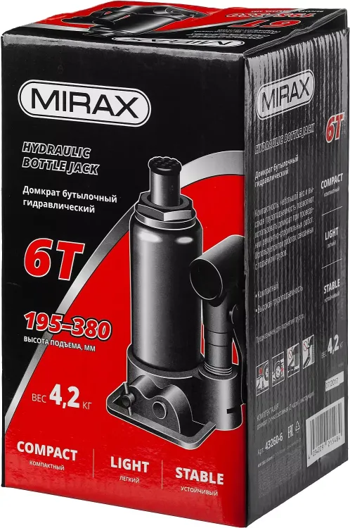 Домкрат гидравлический бутылочный, 6т, 195-380 мм, MIRAX 43260-6 43260-6 купить в Ижевске