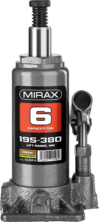Домкрат гидравлический бутылочный, 6т, 195-380 мм, MIRAX 43260-6 43260-6 купить в Ижевске