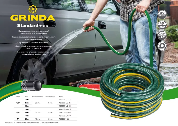 Шланг GRINDA "STANDARD" поливочный, 15 атм., армированный, 3-х слойный, 3/4"х15м 429000-3/4-15 купить в Ижевске