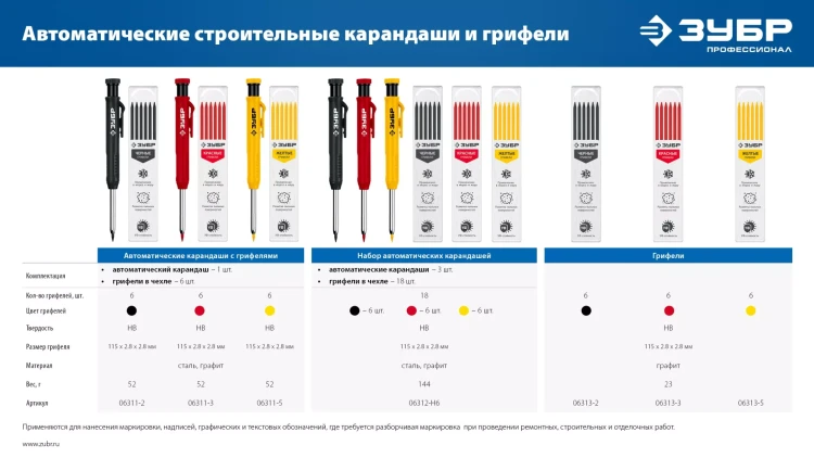 ЗУБР черные, d 2,8 мм, HB, 6 шт грифели для автоматического карандаша (06313-2) купить в Ижевске