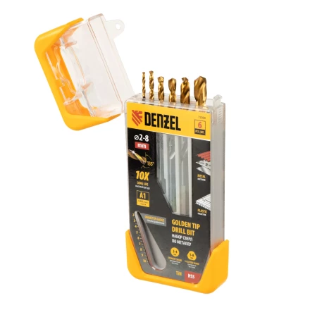Набор сверл по металлу, 2-3-4-5-6-8 мм, HSS-Tin, Golden Tip, 6 шт Denzel 72300 купить в Ижевске