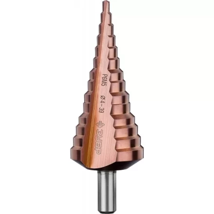 Сверло ЗУБР &quot;КОБАЛЬТ&quot; ступен. по сталям и цв.мет.ст.Р6М5 с кобальт.покрыт.d 4-39мм,14ст.d4-39,L-113мм, 3-хгран.хв. 10мм 29672-4-39-14 купить в Ижевске