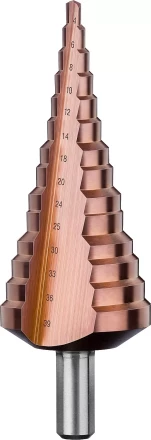 Сверло ЗУБР &quot;КОБАЛЬТ&quot; ступен. по сталям и цв.мет.ст.Р6М5 с кобальт.покрыт.d 4-39мм,14ст.d4-39,L-113мм, 3-хгран.хв. 10мм 29672-4-39-14 купить в Ижевске
