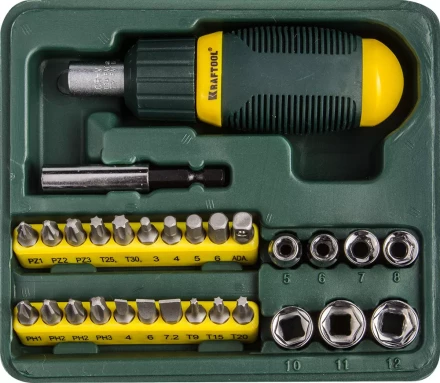 Набор KRAFTOOL Отвертка реверсивная с битами и торцовыми головками, 29 предметов 25556-H29 купить в Ижевске