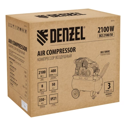 Компрессор воздушный рем. привод Denzel BCI 2100/50, 2,1 кВт, 50 литров, 400 л/мин купить в Ижевске
