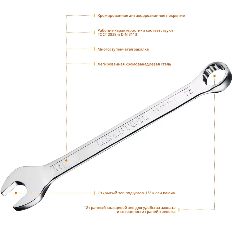 Ключи комбинированные KRAFTOOL, Cr-V, DIN 3113 27079-22 купить в Ижевске
