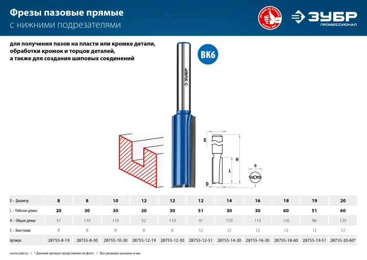 ЗУБР 16 x 30 мм, хвостовик 12 мм, фреза пазовая прямая с нижними подрезателями, Профессионал (28755-16-30) купить в Ижевске