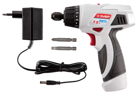 Шуруповерт ЗУБР 2-х скор,Li-Ion,реверс,15+1,зарядка 3-5ч,10мм,0-160 и 0-320об/мин,1,5А/ч,7,2В,набор бит,в блистере ЗДА-7.2-Ли Б купить в Ижевске