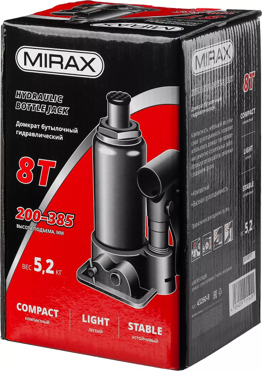 Домкрат гидравлический бутылочный, 8т, 200-385 мм, MIRAX 43260-8 43260-8 купить в Ижевске
