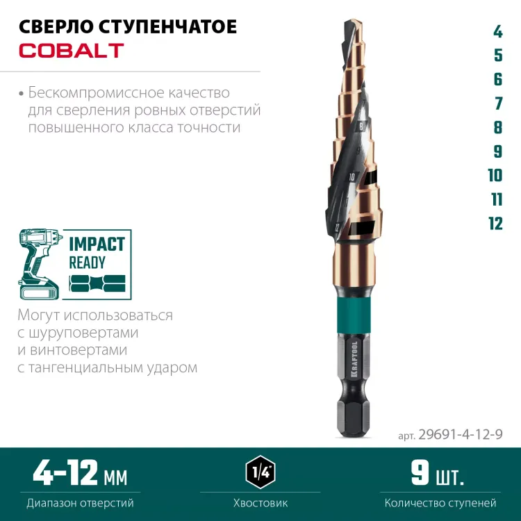 Ступенчатое сверло, сталь c кобальтом, спиральная проточка, НЕХ хвостовик 29691-4-12-9 купить в Ижевске