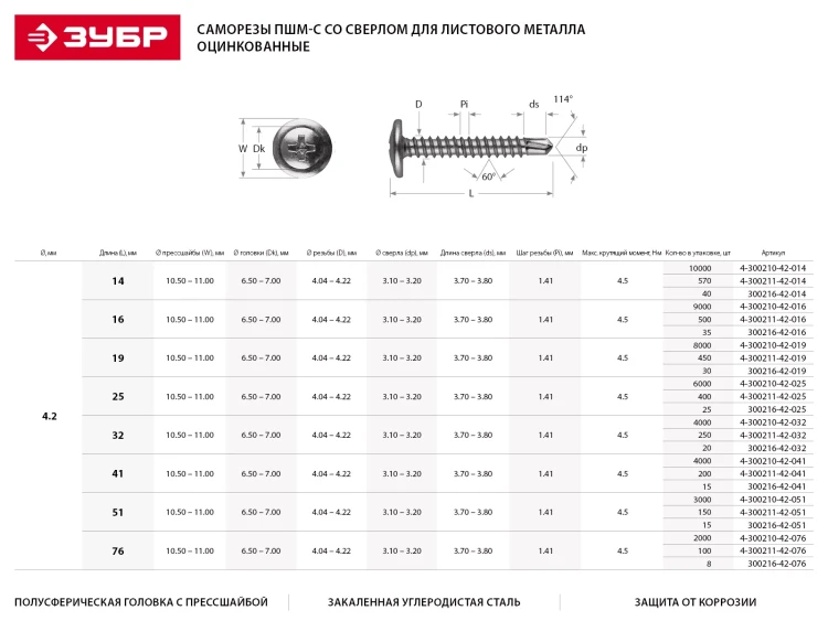 Саморезы ЗУБР с прессшайбой и сверлом по листовому металлу до 2 мм, PH2, 4,2х76 мм, 100шт 4-300211-42-076 купить в Ижевске