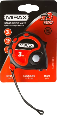 Рулетка MIRAX, 3 стопора, двухкомпонентный пластиковый корпус, 3мх16мм 34013-03-16 купить в Ижевске