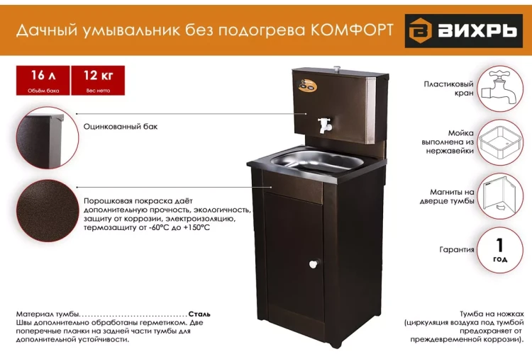 Умывальник дачный "Комфорт" ВИХРЬ без подогрева, нержавейка, медь 74/4/11 купить в Ижевске