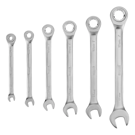 Набор ключей комбинированных трещоточных 6-17 мм, 6 шт., CrV, матовый хром// Denzel 14720 купить в Ижевске