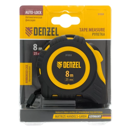 Рулетка Denzel 8м х 25мм, обрезиненный корпус, автоматическая фиксация 31553 купить в Ижевске