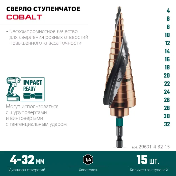 Ступенчатые сверла, сталь c кобальтом, спиральная проточка, НЕХ хвостовик 29691-4-32-15 купить в Ижевске