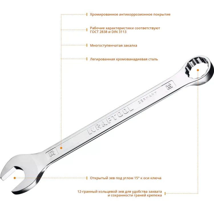 Ключ комбинированный KRAFTOOL, Cr-V, DIN 3113 27079-30 купить в Ижевске