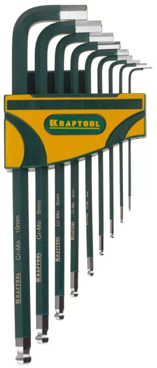 Набор ключей имбусовых KRAFTOOL "INDUSTRIE" длинные,шарик,Cr-Mo сталь(S2),хром покрыт с противоск напыл,HEX1,5-10мм,9шт 27445-H9 купить в Ижевске