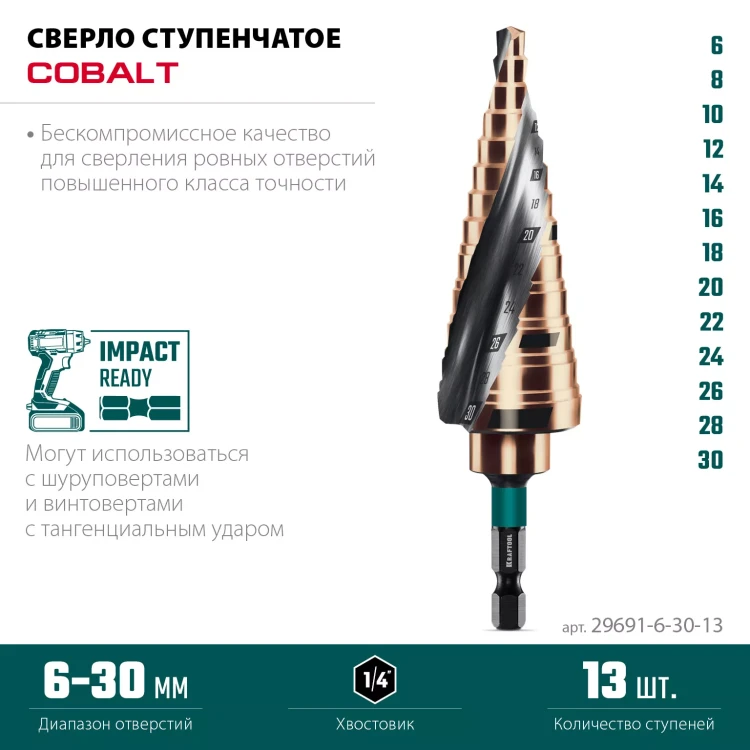 Ступенчатые сверла, сталь c кобальтом, спиральная проточка, НЕХ хвостовик 29691-6-30-13 купить в Ижевске