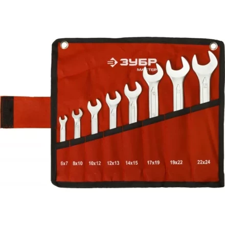 Набор ЗУБР &quot;МАСТЕР&quot;: Ключ гаечный рожковый, Cr-V сталь, хромированный, 6-24мм, 8шт 27010-H8 купить в Ижевске