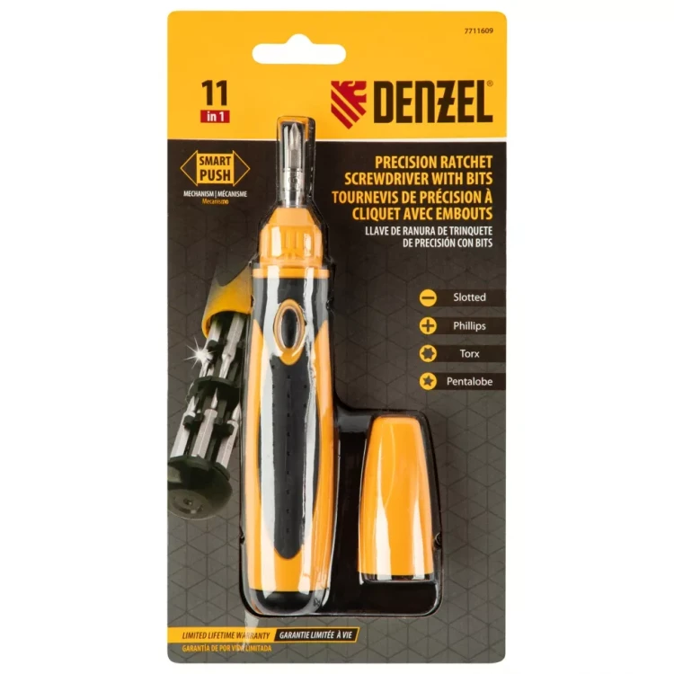 Отвертка реверсивная Denzel 7711609, механизм SmartPush mini 11 шт, CrMo купить в Ижевске