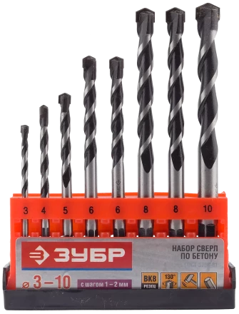 Набор сверл по бетону усиленные ЗУБР 3 шт d 6-8-10 мм трехгранный хвостовик  Профессионал 2916-H3 купить в Ижевске