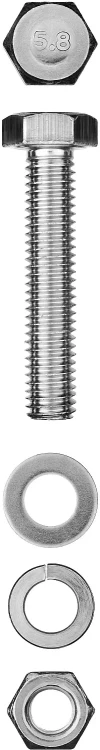 Болт (DIN933) в комплекте с гайкой (DIN934), шайбой (DIN125), шайбой пруж. (DIN127), M6 x 50 мм, 7 шт, ЗУБР 303436-06-050 купить в Ижевске