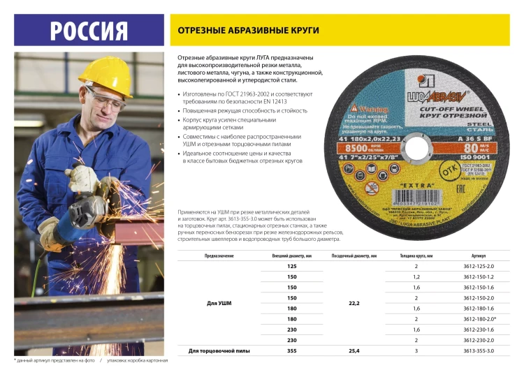 Круг отрезной по металлу, 230x2,0x22,2мм, ЛУГА 3612-230-2.0 купить в Ижевске