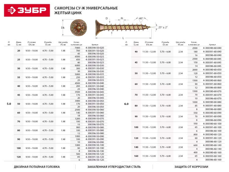 Шурупы ЗУБР "МАСТЕР" по дереву желтопассивированные, 4.0x60мм, 20шт 300396-40-060 купить в Ижевске