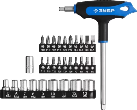 Набор ЗУБР &quot;ЭКСПЕРТ&quot;: Отвертки, битодержатель с Т-образной двухкомпонентной рукояткой, Cr-V, 31 предмет 25236-H30_z01 купить в Ижевске