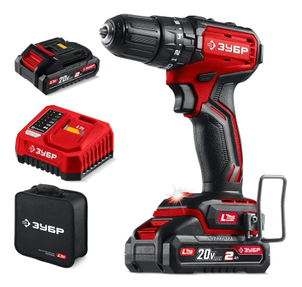 ЗУБР 20 В, 45 Нм, 2 АКБ LMS (2 Ач), бесщеточная ударная дрель-шуруповерт, сумка (ДБУ-45-22) купить в Ижевске