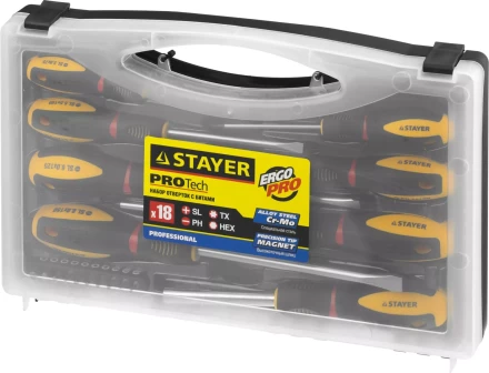 Набор STAYER &quot;PROFESSIONAL&quot; &quot;PROTech&quot;: Отвертки, Cr-Mo, двухком рукоят, отвертки 7шт, отвертка-битодержатель, биты 10шт 25133-H8_z02 купить в Ижевске
