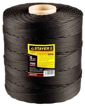 Шнур STAYER &quot;MASTER&quot; хозяйственно-бытовой, полипропиленовый, вязанный, с сердечником, черный, d 5, катушка 700м 50411-05-700 купить в Ижевске
