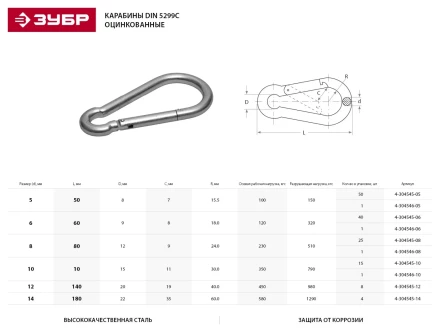 Карабин ЗУБР "МАСТЕР" DIN 5299С, оцинкованный, 14мм, 4 шт 4-304545-14 купить в Ижевске