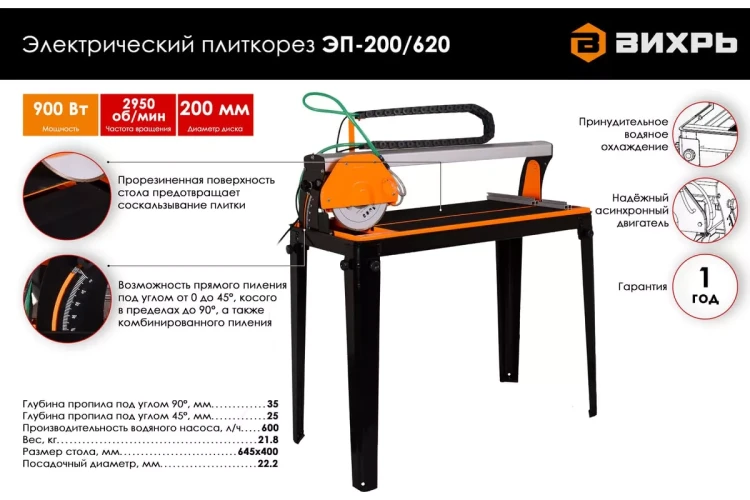 Электрический плиткорез с водяным охлаждением Вихрь ЭП-200/620 72/22/2 купить в Ижевске