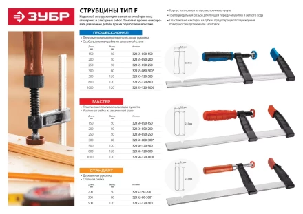Струбцина ЗУБР &quot;ПРОФЕССИОНАЛ&quot;, тип &quot;F&quot;, двухкомпонентная ручка, стальная закаленная рейка, 120х500мм 32155-120-500 купить в Ижевске