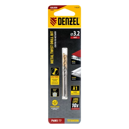 Сверло спиральное по металлу 3,2 x 65 мм, Р6М5, Golden Tip , 2шт. Denzel 718226 купить в Ижевске