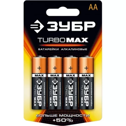 Батарейка ЗУБР &quot;TURBO MAX&quot; щелочная (алкалиновая), тип AA, 1,5В, 4шт на карточке 59206-4C купить в Ижевске