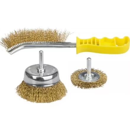 STAYER &quot;PROFESSIONAL&quot;. Набор щеток-крацовок, витая стальная латунированная проволока 0,3мм, дисковая 50мм, чашечная 75мм, ручная, 3шт 35151-H3_z01 купить в Ижевске