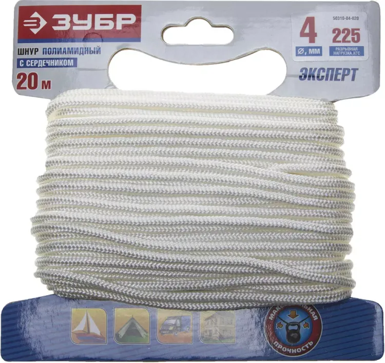 Шнур ЗУБР полиамидный, плетеный, повышенной нагрузки, с сердечником, белый, d 4, 20м 50310-04-020 купить в Ижевске