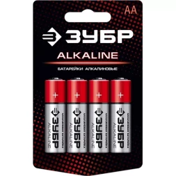 Батарейка "ЗУБР" "ALCALINE" щелочная (алкалиновая), "AA", 1,5В, 4шт 59223-4C